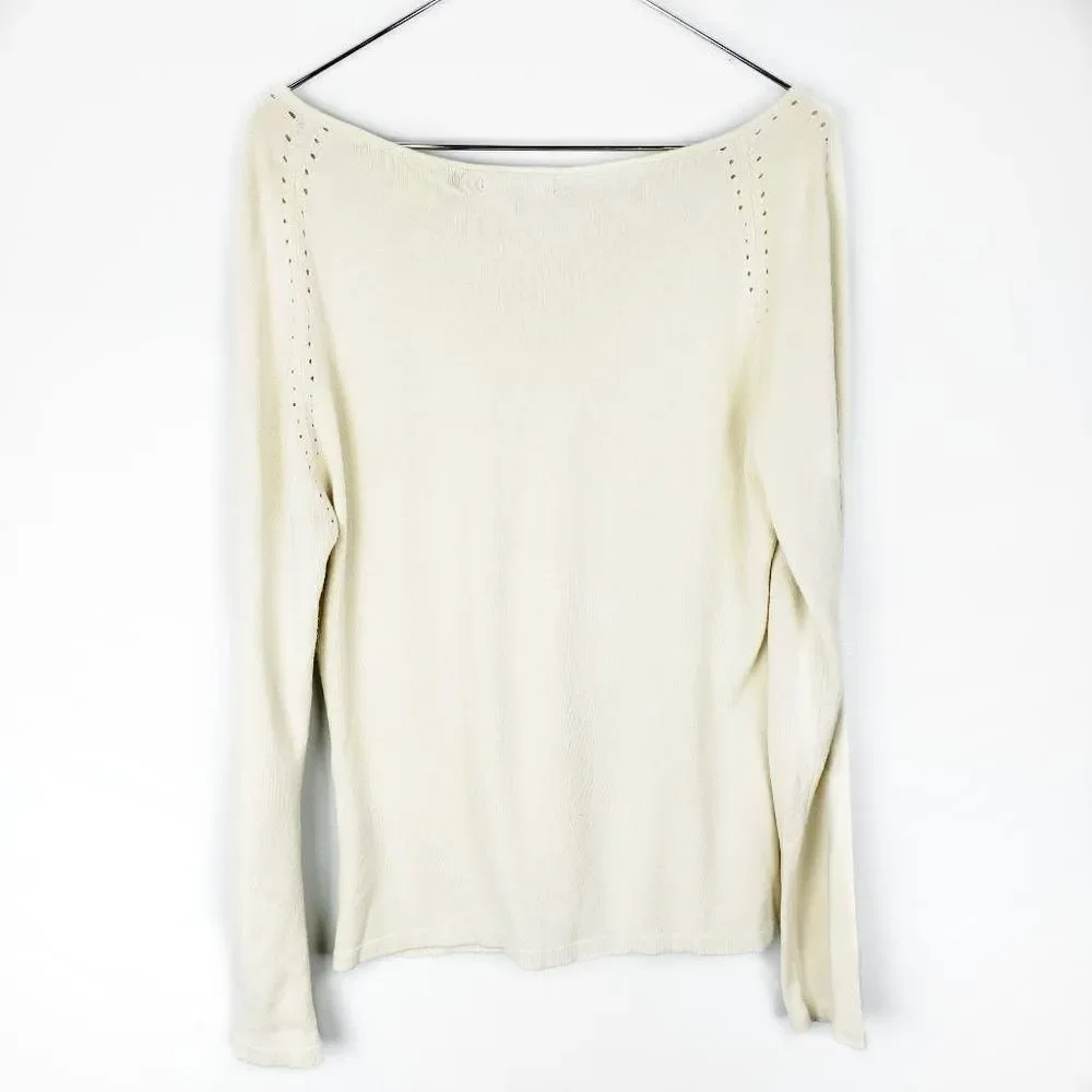 BCBG MAX AZRIA Canary Yellow Silk Eyelet Long Sleeve V Neck Knit Sweater Large - Picture 6 of 7